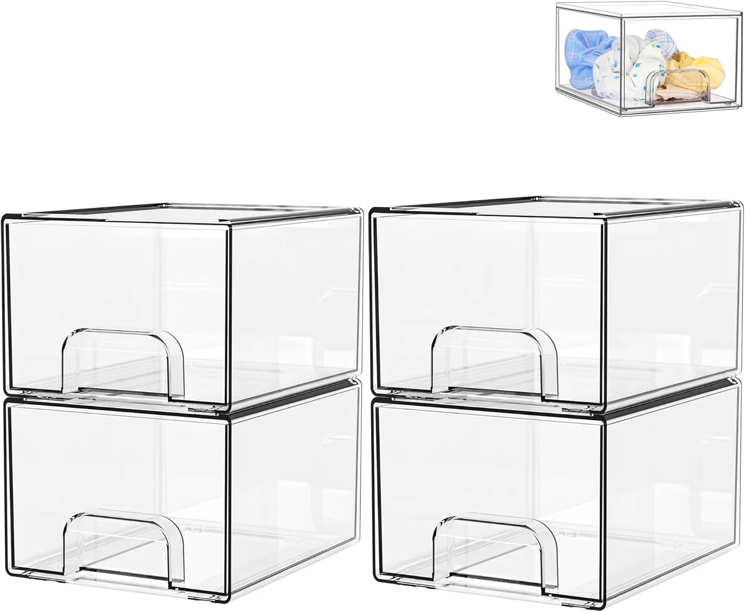 کشوهای شفاف نظم دهنده، جعبه کابینت اکریلیک قابل چیدن با پدهای ضد لغزش، سطل نظم دهنده کشوی پلاستیکی کوچک برای آشپزخانه، حمام، آرایش، یخچال، (بسته 4 عددی)