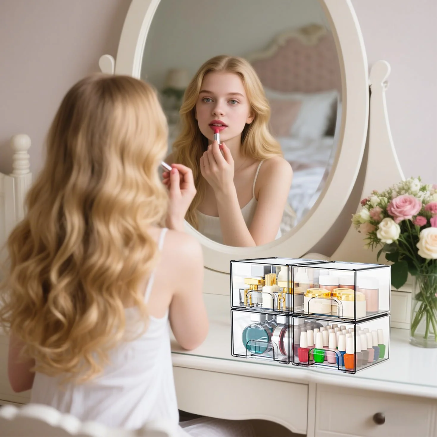 کشوهای شفاف نظم دهنده، جعبه کابینت اکریلیک قابل چیدن با پدهای ضد لغزش، سطل نظم دهنده کشوی پلاستیکی کوچک برای آشپزخانه، حمام، آرایش، یخچال، (بسته 4 عددی)