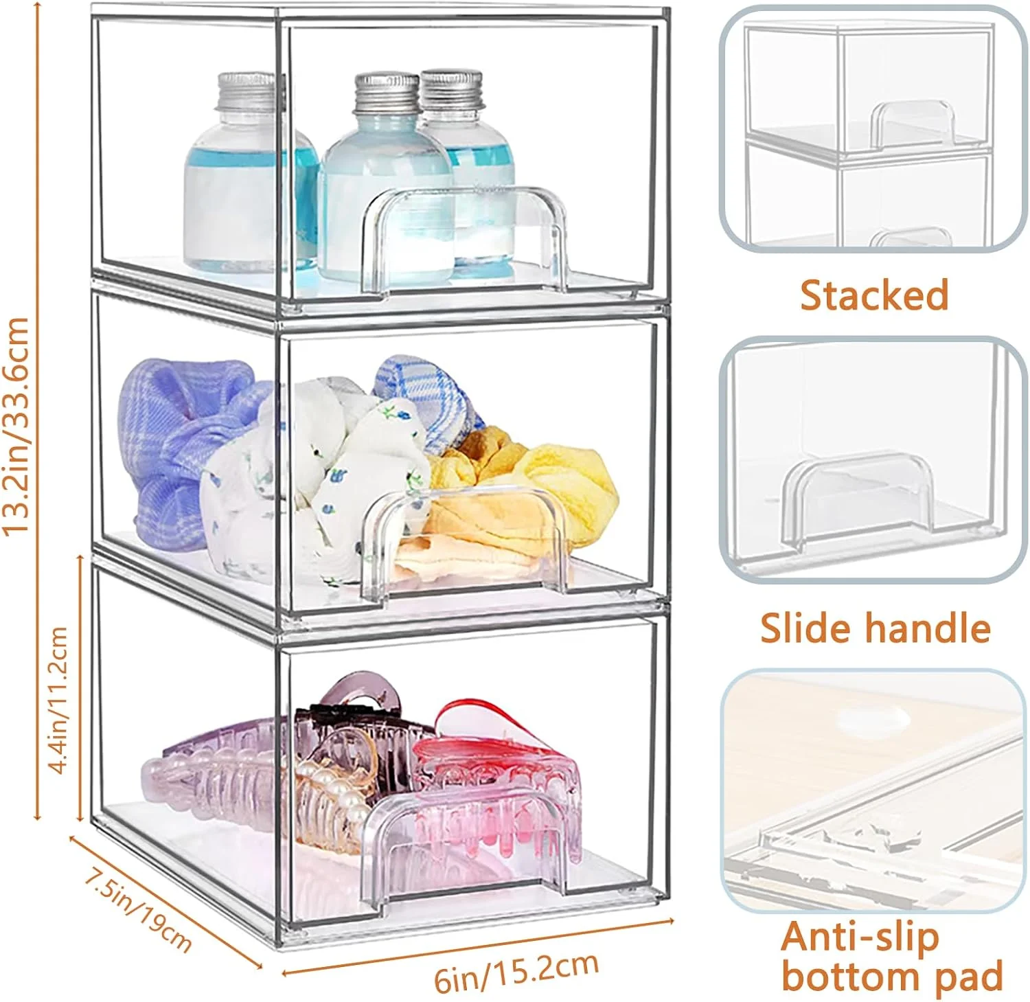 کشوهای شفاف نظم دهنده، جعبه کابینت اکریلیک قابل چیدن با پدهای ضد لغزش، سطل نظم دهنده کشوی پلاستیکی کوچک برای آشپزخانه، حمام، آرایش، یخچال، (بسته 4 عددی)