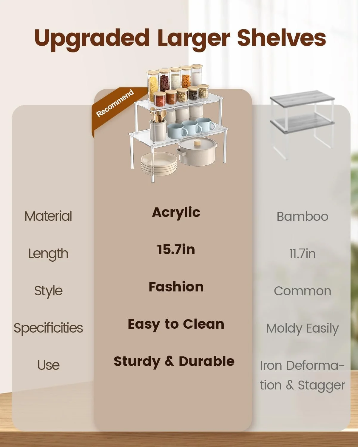 2 عدد قفسه ادویه، سازمان دهنده کابینت اکریلیک شفاف، قفسه های قابل چیدن برای نگهداری و سازماندهی آشپزخانه، سازمان دهنده ادویه جداشدنی با نصب آسان برای میز پیشخوان