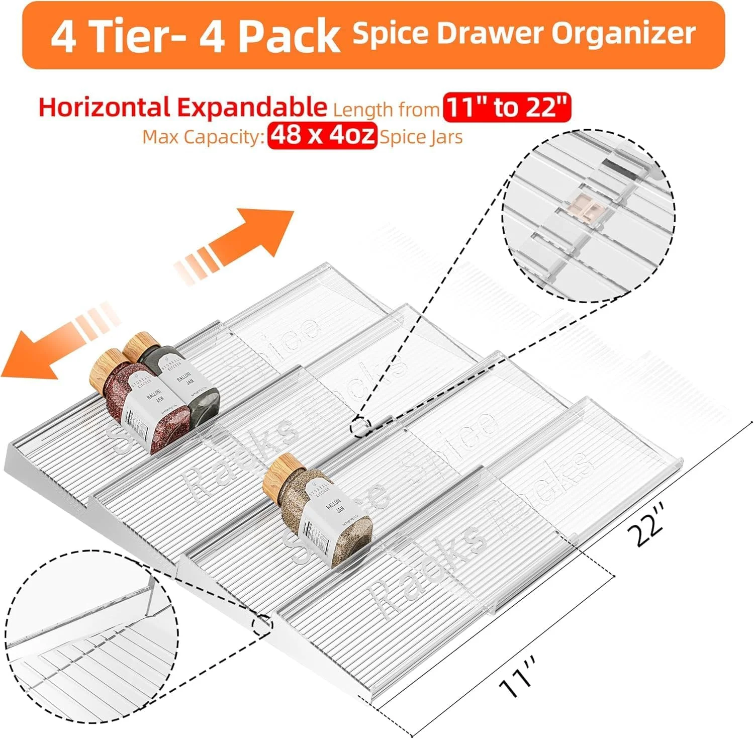 سازمان دهنده کشو ادویه، 4 طبقه 4 بسته سازمان دهنده ادویه اکریلیک شفاف برای کابینت، قابل گسترش از 28 سانتی متر تا 56 سانتی متر، سازمان دهنده و نگهداری چاشنی، قفسه های ظروف آشپزخانه برای روی میز
