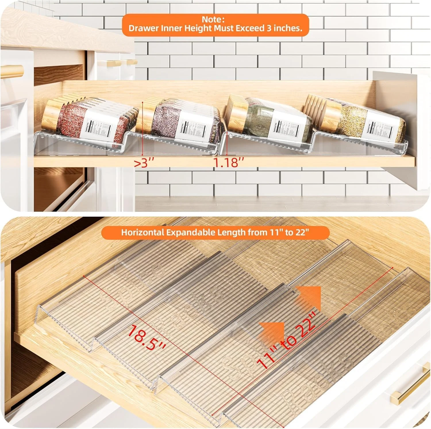 سازمان دهنده کشو ادویه، 4 طبقه 4 بسته سازمان دهنده ادویه اکریلیک شفاف برای کابینت، قابل گسترش از 28 سانتی متر تا 56 سانتی متر، سازمان دهنده و نگهداری چاشنی، قفسه های ظروف آشپزخانه برای روی میز