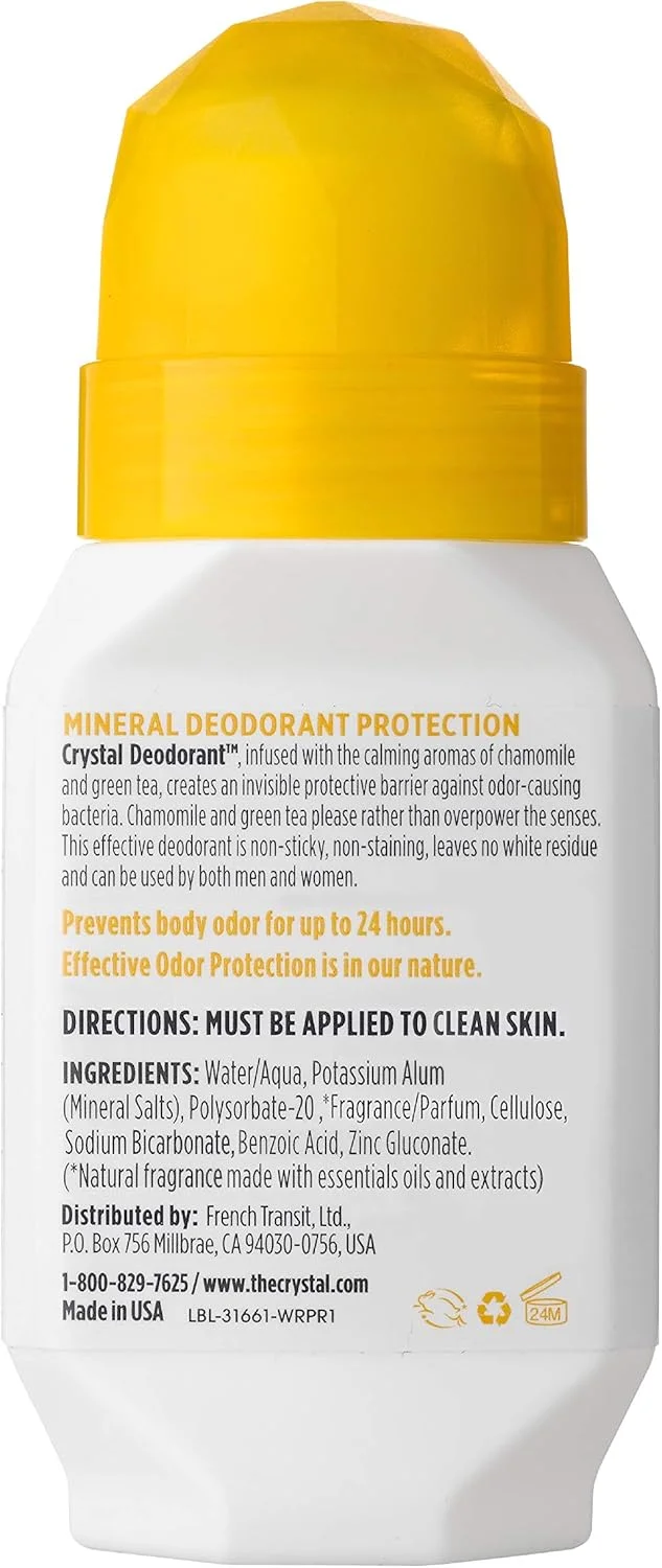 دئودورانت رولی کریستال مینرال - دئودورانت بدن با محافظت 24 ساعته در برابر بو، دئودورانت غیر لکه‌دار و غیر چسبنده با بابونه و چای سبز، فاقد کلرید آلومینیوم و پارابن، 2.25 FL OZ - بسته 3 عددی