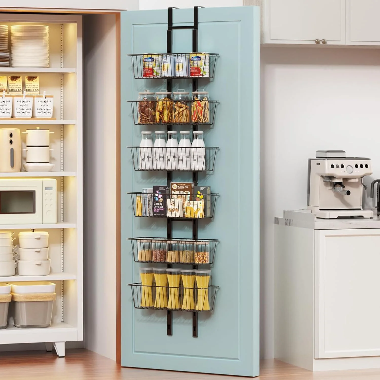 سازمان دهنده 6 طبقه کابینت آویز با 6 سبد سیمی، قفسه ادویه آویز فلزی تاشو، سازمان دهنده و نگهدارنده آویز، مناسب برای ادویه جات، خانه، آشپزخانه، رختشورخانه و لوازم ضروری حمام