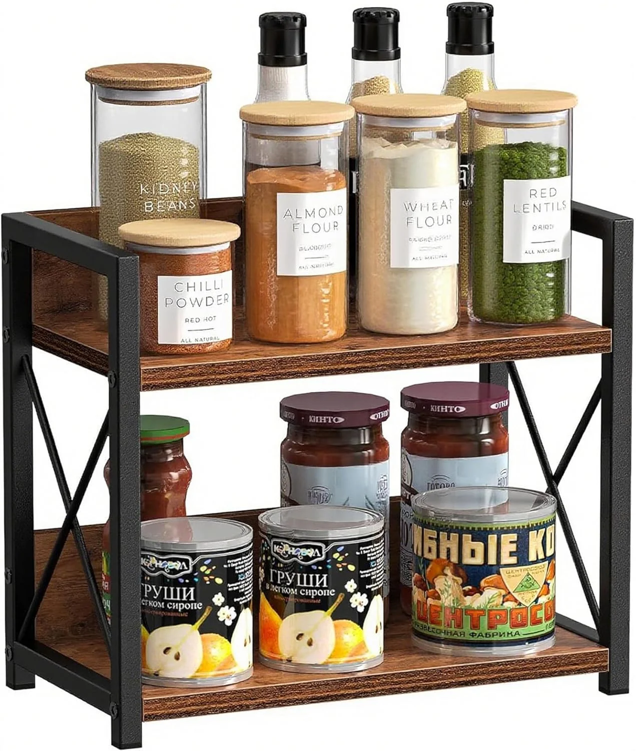 قفسه دو طبقه سازمان دهنده پیشخوان، قفسه ادویه کابینت آشپزخانه، قفسه قهوه چوبی، قفسه چاشنی قابل گسترش برای نگهداری ادویه، صرفه جویی در فضا مناسب برای آشپزخانه و دفاتر