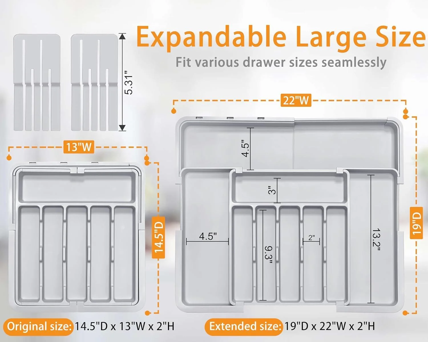 نظم دهنده کشو برای آشپزخانه، نظم دهنده قابل تنظیم کشو لوازم آشپزی با 2 بلوک چاقو، نگهدارنده کارد و چنگال و قاشق بدون BPA، ذخیره سازی پلاستیکی قابل گسترش برای قاشق، چنگال، چاقو (خاکستری)