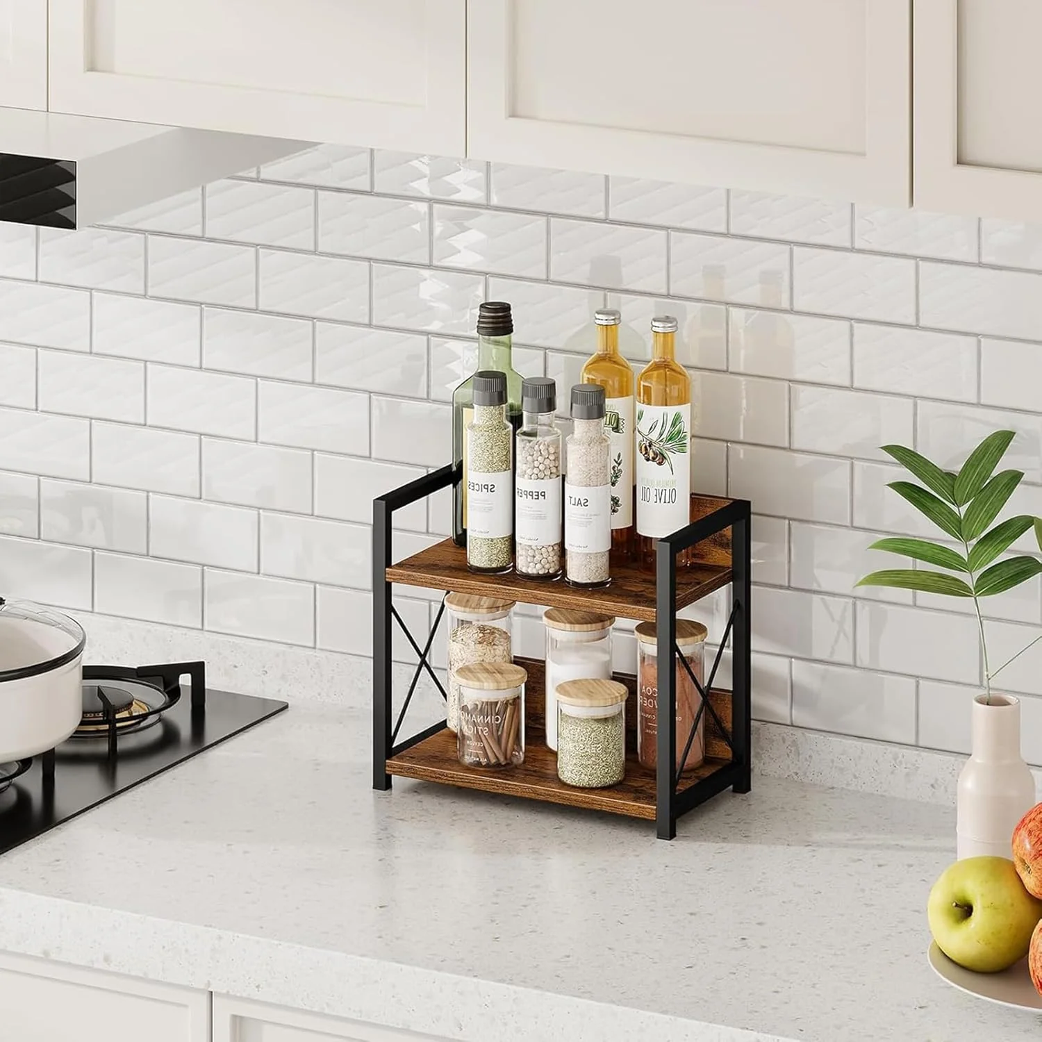 قفسه دو طبقه سازمان دهنده پیشخوان، قفسه ادویه کابینت آشپزخانه، قفسه قهوه چوبی، قفسه چاشنی قابل گسترش برای نگهداری ادویه، صرفه جویی در فضا مناسب برای آشپزخانه و دفاتر