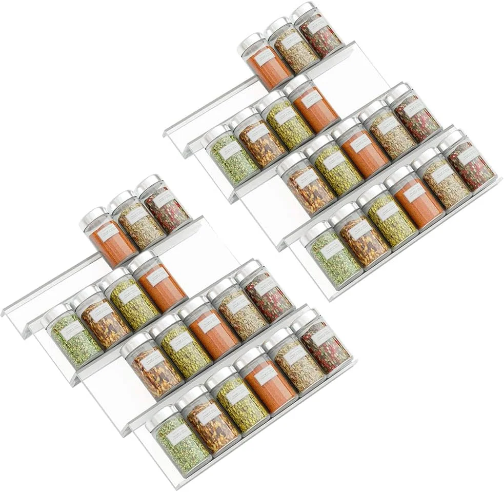 ارگانایزر کشو ادویه از جنس اکریلیک شفاف، 4 طبقه - 2 ست قابل گسترش از 32.5 تا 65 شیشه ادویه، سینی قفسه ادویه آشپزخانه برای کشو/روی کابینت (شیشه ها شامل نمی شوند)