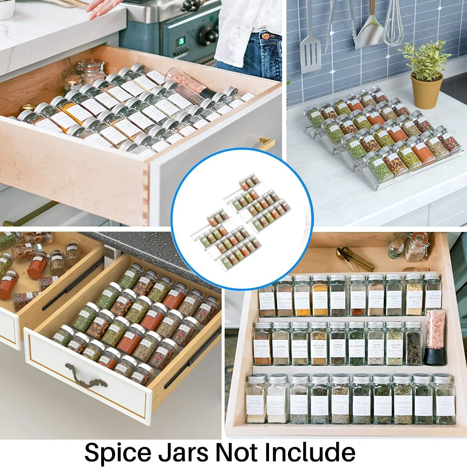 ارگانایزر کشو ادویه از جنس اکریلیک شفاف، 4 طبقه - 2 ست قابل گسترش از 32.5 تا 65 شیشه ادویه، سینی قفسه ادویه آشپزخانه برای کشو/روی کابینت (شیشه ها شامل نمی شوند)