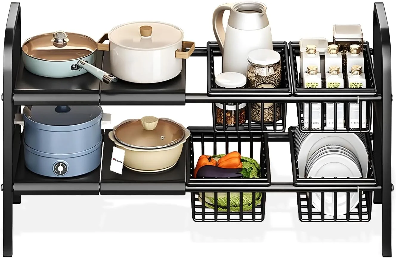 ارگانایزر دو طبقه زیر سینک GOODORA با قابلیت افزایش طول - قفسه فلزی قابل تنظیم با پنل های جداشدنی برای کابینت های آشپزخانه و حمام، ضد زنگ و صرفه جویی در فضا