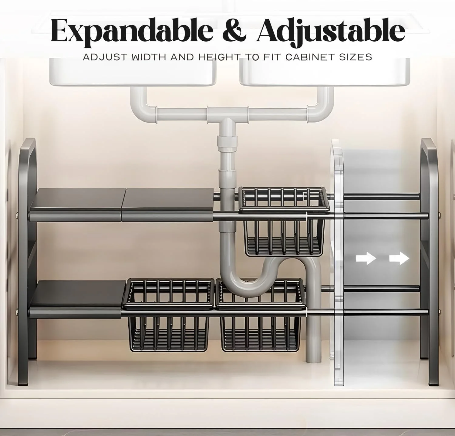 ارگانایزر دو طبقه زیر سینک GOODORA با قابلیت افزایش طول - قفسه فلزی قابل تنظیم با پنل های جداشدنی برای کابینت های آشپزخانه و حمام، ضد زنگ و صرفه جویی در فضا