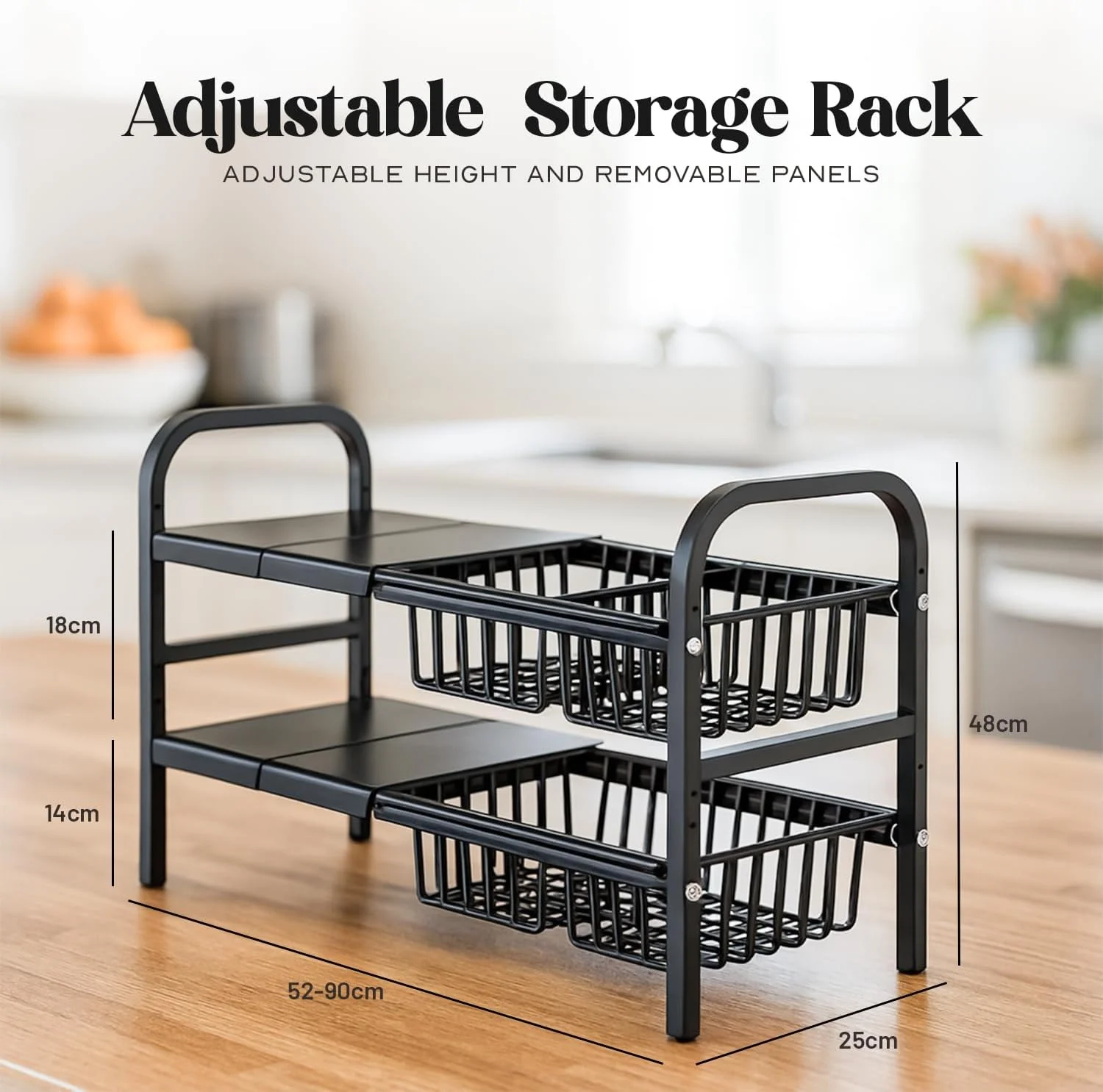 ارگانایزر دو طبقه زیر سینک GOODORA با قابلیت افزایش طول - قفسه فلزی قابل تنظیم با پنل های جداشدنی برای کابینت های آشپزخانه و حمام، ضد زنگ و صرفه جویی در فضا