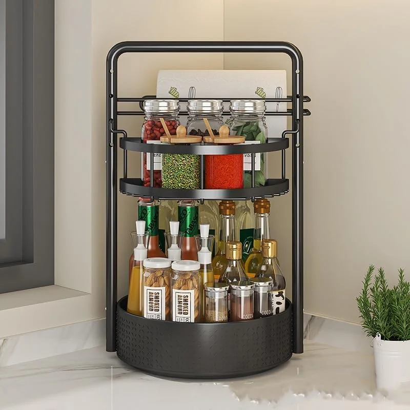 ارگانایزر گردان تنبل، استند ادویه دو طبقه چرخشی برای کابینت آشپزخانه، پیشخوان و قفسه انبار، قفسه نگهدارنده چرخشی ادویه با ارتفاع قابل تنظیم