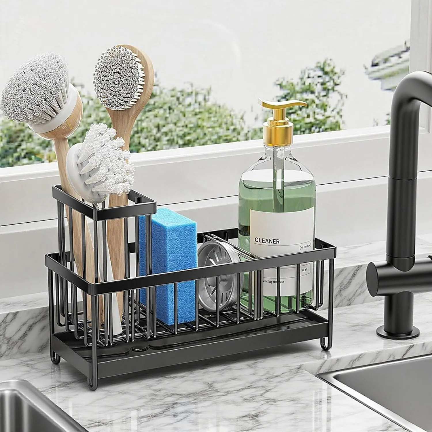 نگهدارنده اسفنج مشکی برای سینک ظرفشویی، سازمان دهنده سینک با نگهدارنده برس بلند، سازمان دهنده و لوازم ضروری روی میز آشپزخانه، استیل ضد زنگ 304، سازمان دهنده جا مایع ظرفشویی