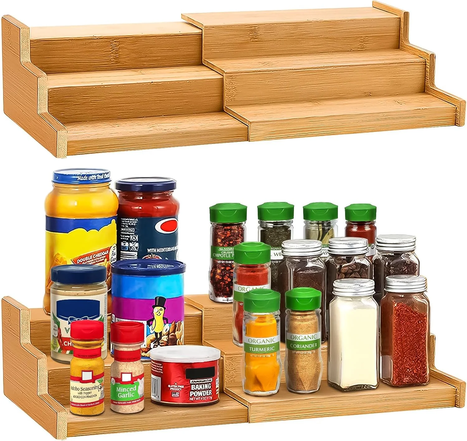 ارگانایزر کابینت آشپزخانه قفسه ادویه - قفسه نمایشگر بامبو 3 طبقه قابل گسترش، قفسه ادویه 3 طبقه قابل گسترش، طول قابل تنظیم، ارگانایزر ادویه برای سازماندهی کابینت، پیشخوان، کمد و انبار
