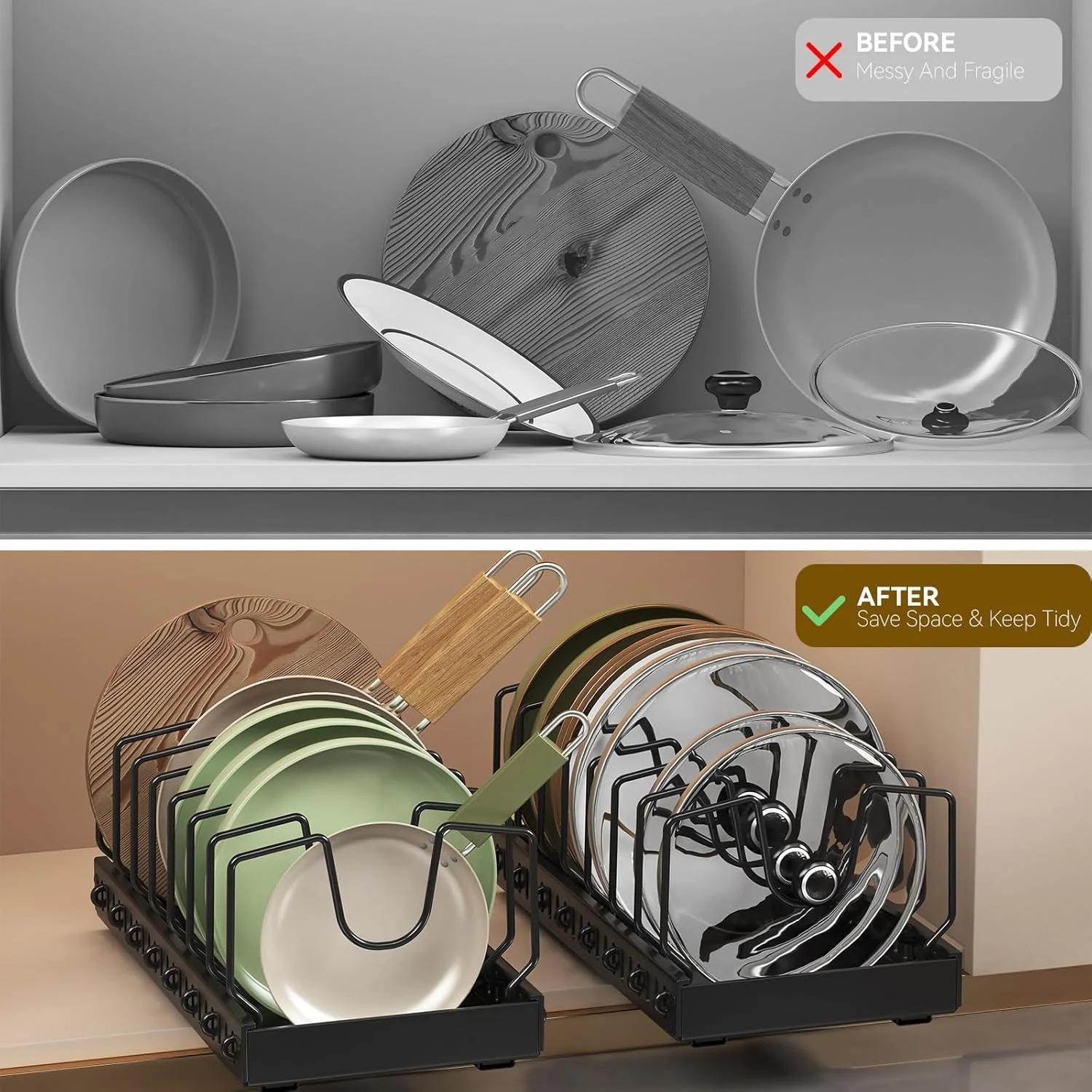 ارگانایزر 2 عددی قابلمه و تابه زیر کابینت، نگهدارنده درب قابلمه کشویی و قفسه تابه در آشپزخانه، ارگانایزر کابینت بیرون کشویی برای درب قابلمه، ظروف پخت، ظروف، ارگانایزر آشپزخانه برای پیشخوان و کابینت (مشکی)