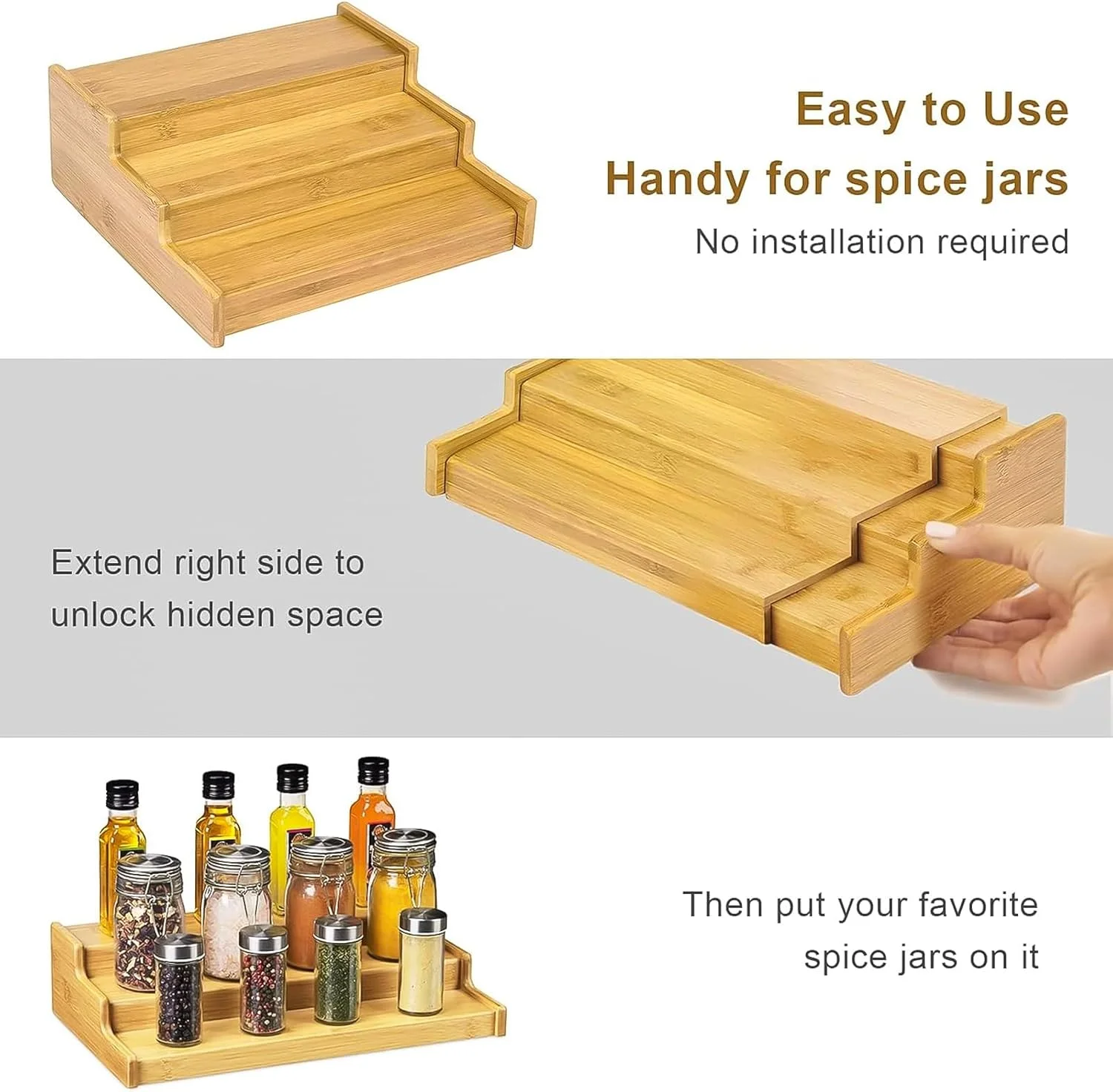 ارگانایزر کابینت آشپزخانه قفسه ادویه - قفسه نمایشگر بامبو 3 طبقه قابل گسترش، قفسه ادویه 3 طبقه قابل گسترش، طول قابل تنظیم، ارگانایزر ادویه برای سازماندهی کابینت، پیشخوان، کمد و انبار