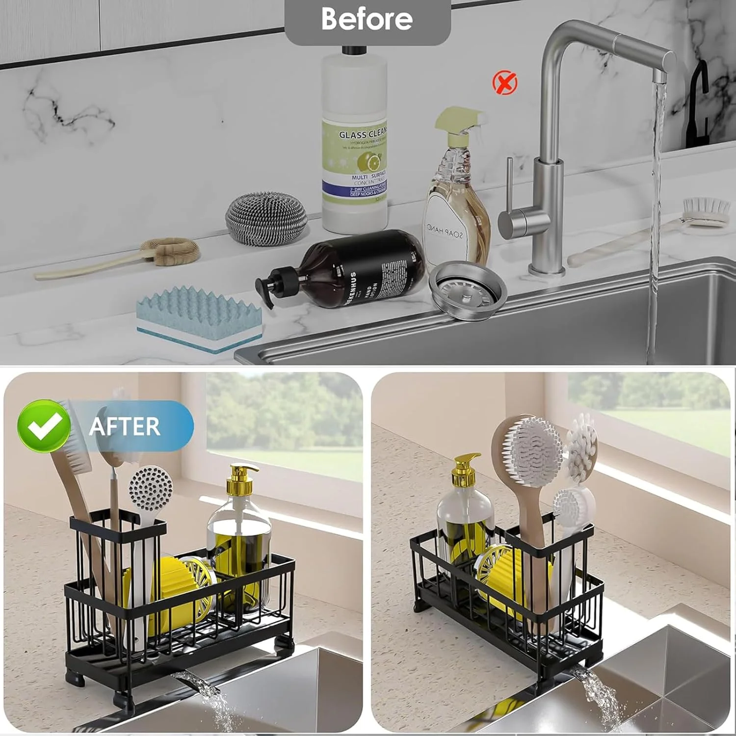 نگهدارنده اسفنج مشکی برای سینک ظرفشویی، سازمان دهنده سینک با نگهدارنده برس بلند، سازمان دهنده و لوازم ضروری روی میز آشپزخانه، استیل ضد زنگ 304، سازمان دهنده جا مایع ظرفشویی