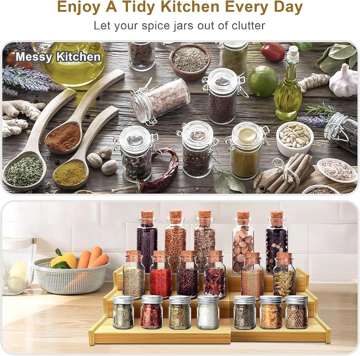 ارگانایزر کابینت آشپزخانه قفسه ادویه - قفسه نمایشگر بامبو 3 طبقه قابل گسترش، قفسه ادویه 3 طبقه قابل گسترش، طول قابل تنظیم، ارگانایزر ادویه برای سازماندهی کابینت، پیشخوان، کمد و انبار