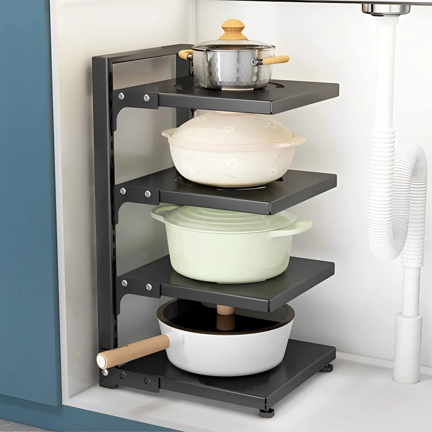 ارگانایزر قابلمه و تابه، قفسه ارگانایزر تابه برای کابینت زیر سینک، ارگانایزرها و محل نگهداری، قفسه قابلمه قابل تنظیم و متصل شونده برای سازماندهی و نگهداری آشپزخانه (4 طبقه)