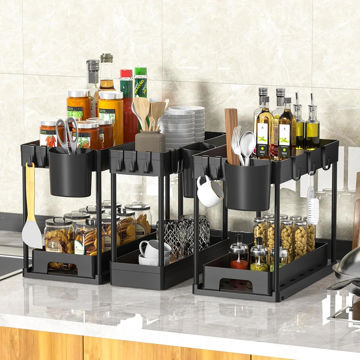 ارگانایزر زیر سینک، بسته 3 عددی، ارگانایزر 2 طبقه زیر کابینتی، استوریج کشویی زیر سینک، ارگانایزر چند منظوره آشپزخانه و حمام با 12 قلاب و 3 آویز فنجان، مشکی
