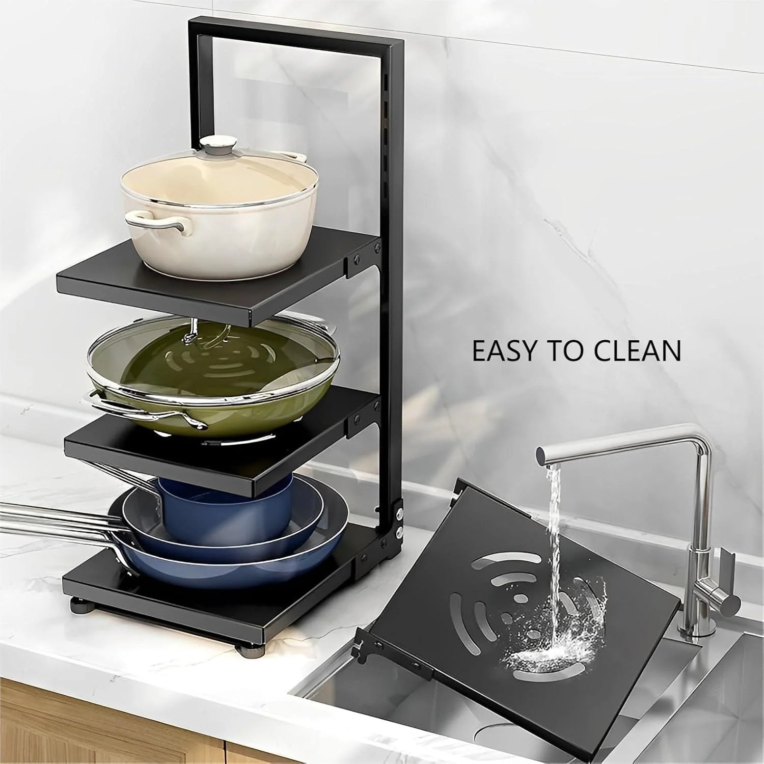 ارگانایزر قابلمه و تابه، قفسه ارگانایزر تابه برای کابینت زیر سینک، ارگانایزرها و محل نگهداری، قفسه قابلمه قابل تنظیم و متصل شونده برای سازماندهی و نگهداری آشپزخانه (4 طبقه)