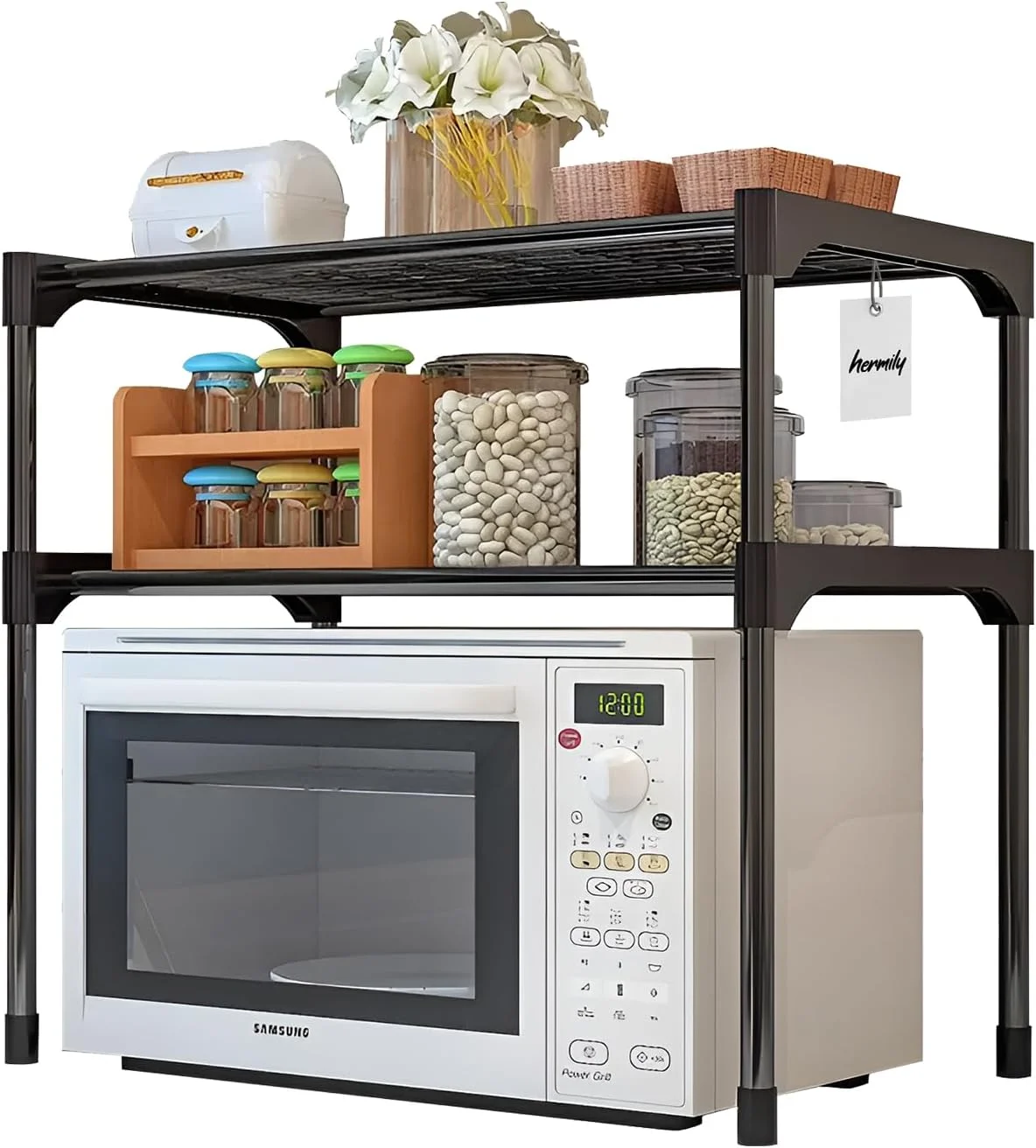 قفسه استند سازمان دهنده آشپزخانه 2 طبقه Hermily با سبدهای ذخیره سازی قابل جابجایی، ساختار فلزی بادوام، سازمان دهنده رومیزی صرفه جویی در فضا برای مایکروویو، لوازم کوچک، ادویه جات، ظروف، مشکی