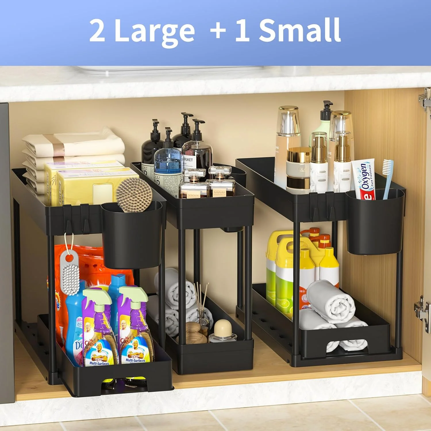 ارگانایزر زیر سینک، بسته 3 عددی، ارگانایزر 2 طبقه زیر کابینتی، استوریج کشویی زیر سینک، ارگانایزر چند منظوره آشپزخانه و حمام با 12 قلاب و 3 آویز فنجان، مشکی