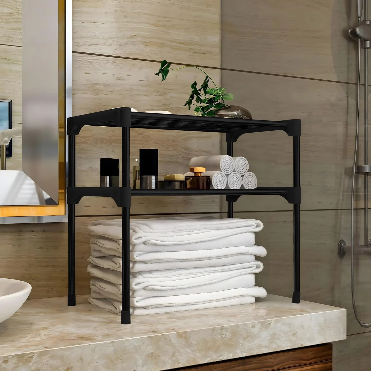 قفسه استند سازمان دهنده آشپزخانه 2 طبقه Hermily با سبدهای ذخیره سازی قابل جابجایی، ساختار فلزی بادوام، سازمان دهنده رومیزی صرفه جویی در فضا برای مایکروویو، لوازم کوچک، ادویه جات، ظروف، مشکی