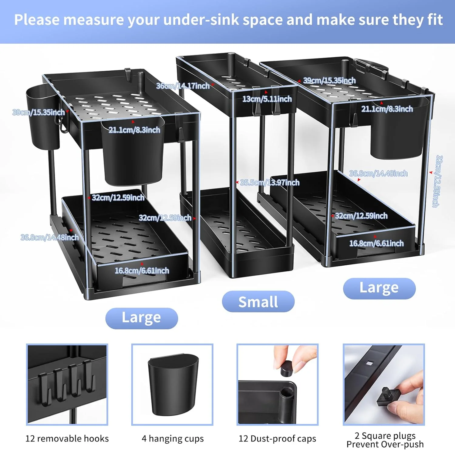 ارگانایزر زیر سینک، بسته 3 عددی، ارگانایزر 2 طبقه زیر کابینتی، استوریج کشویی زیر سینک، ارگانایزر چند منظوره آشپزخانه و حمام با 12 قلاب و 3 آویز فنجان، مشکی