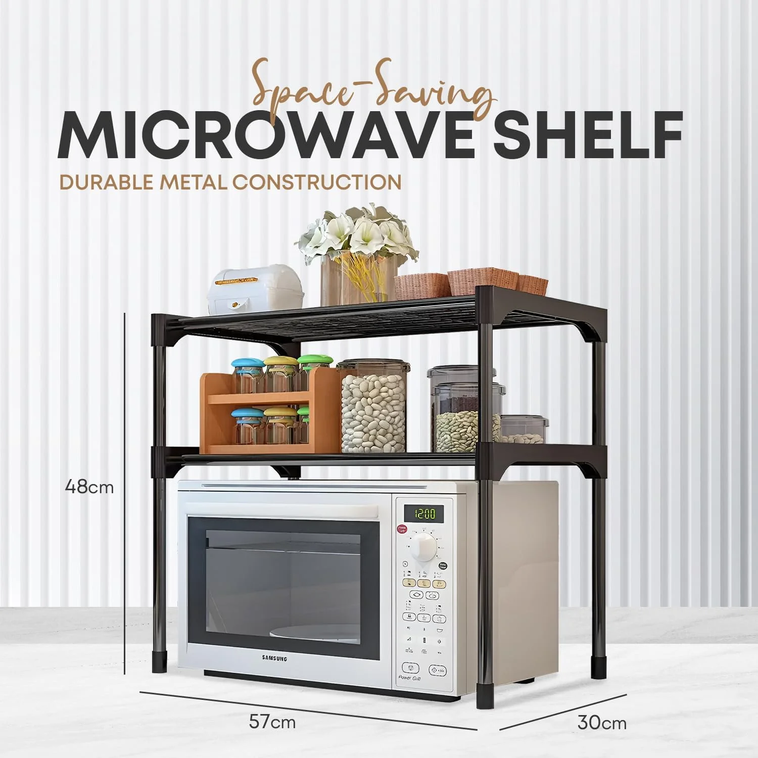 قفسه استند سازمان دهنده آشپزخانه 2 طبقه Hermily با سبدهای ذخیره سازی قابل جابجایی، ساختار فلزی بادوام، سازمان دهنده رومیزی صرفه جویی در فضا برای مایکروویو، لوازم کوچک، ادویه جات، ظروف، مشکی