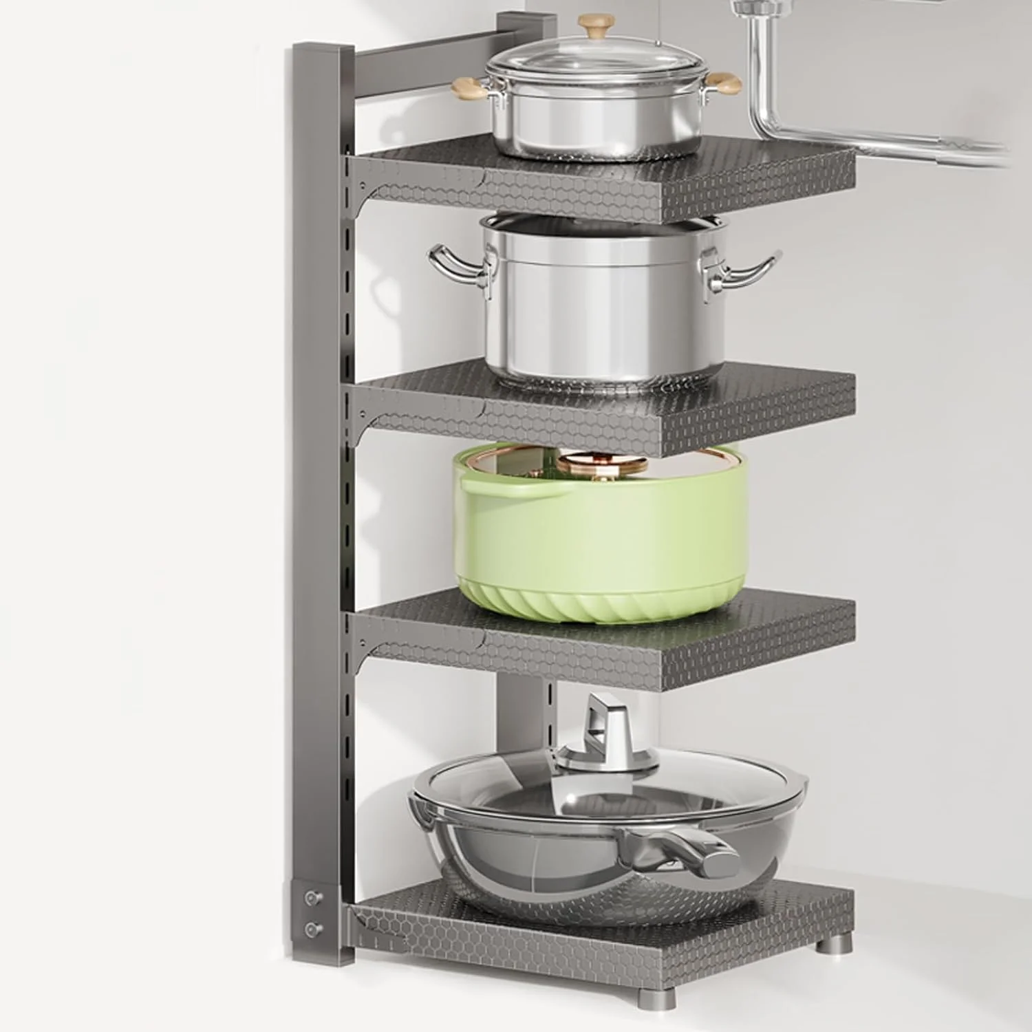سازمان دهنده قابلمه و تابه، قفسه سازمان دهنده تابه برای کابینت زیر سینک، سازمان دهنده و نگهداری آشپزخانه، قفسه قابلمه قابل تنظیم و چسبان برای سازماندهی و نگهداری آشپزخانه (4 طبقه) - از Best Deal
