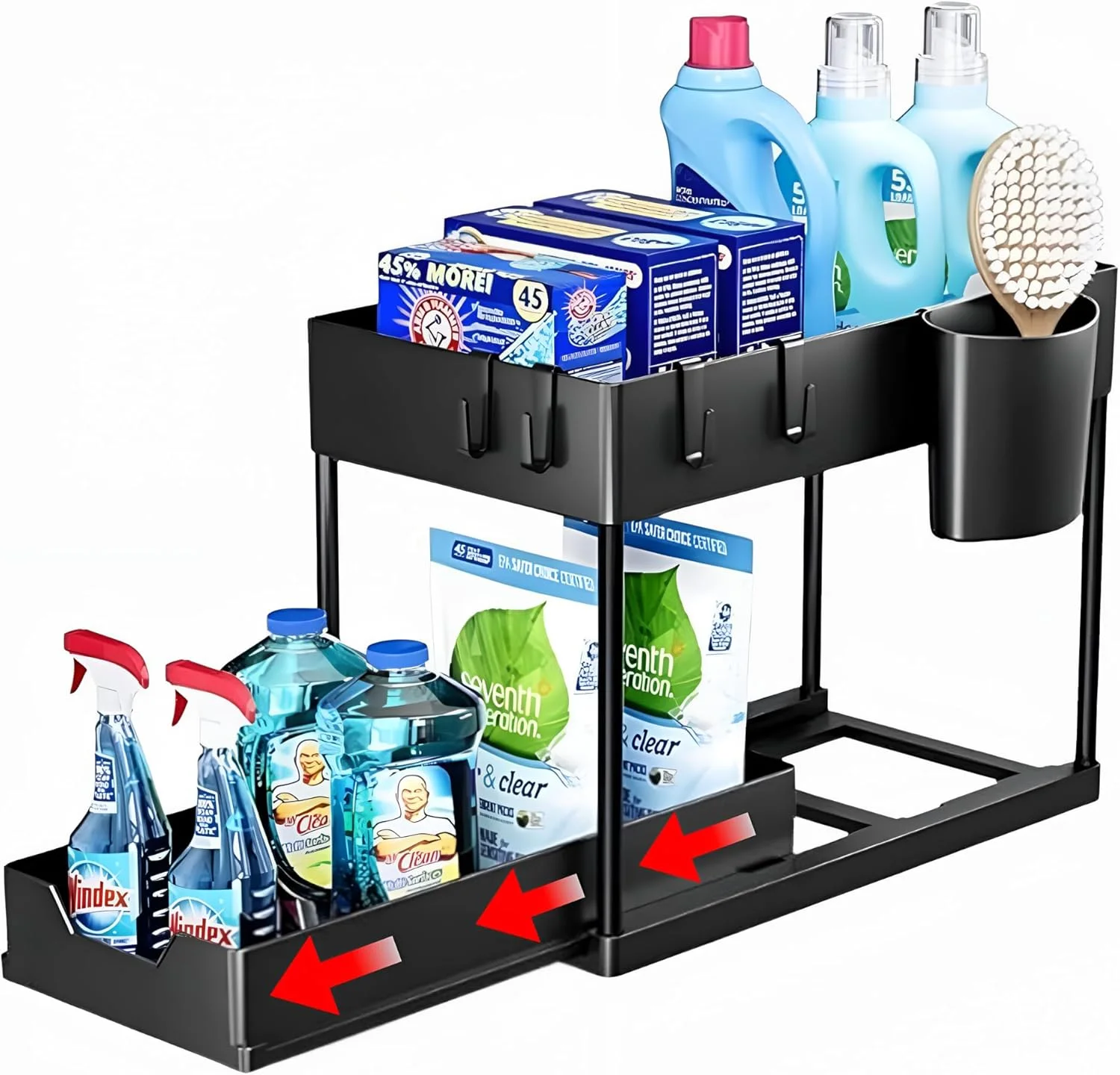 ارگانایزر و نظم دهنده زیر سینک، 2 طبقه فولادی کشویی برای زیر سینک آشپزخانه، کابینت حمام، قفسه ضد لغزش قابل انباشت برای لباسشویی، پیشخوان، طراحی صرفه جویی در فضا، سبد (مشکی)