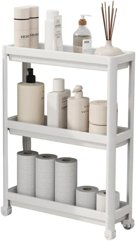 قفسه باریک 3 طبقه، کابینت حمام، پیشخوان آشپزخانه، دفتر و سبد چرخدار چند منظوره زیر سینک با چرخ های غلتکی، واحد ذخیره سازی (سفید)