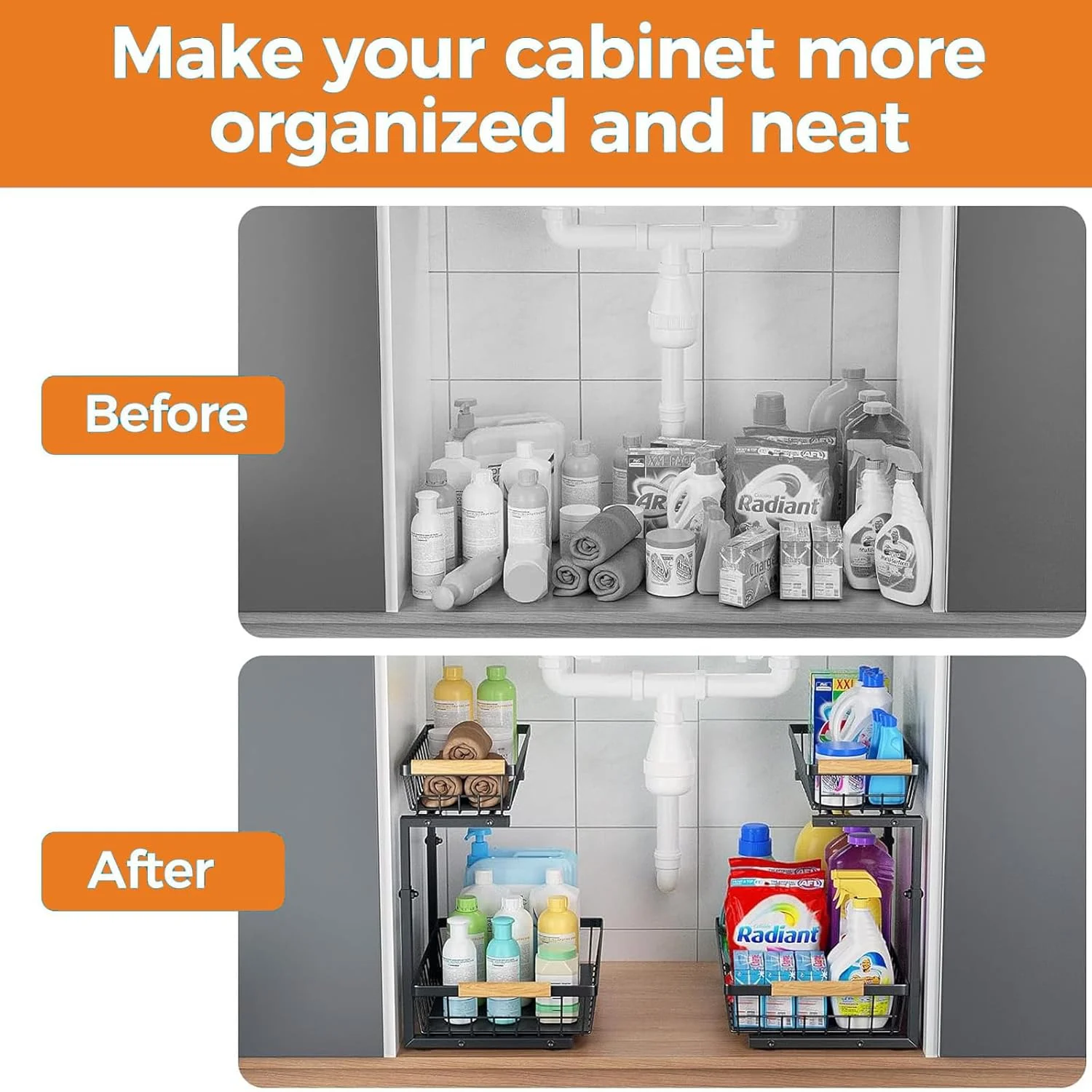 ارگانایزر زیر سینک، ارگانایزر و محل نگهداری زیر سینک با قابلیت تنظیم ارتفاع، کابینت کشویی دو طبقه برای آشپزخانه و حمام، 1 عدد