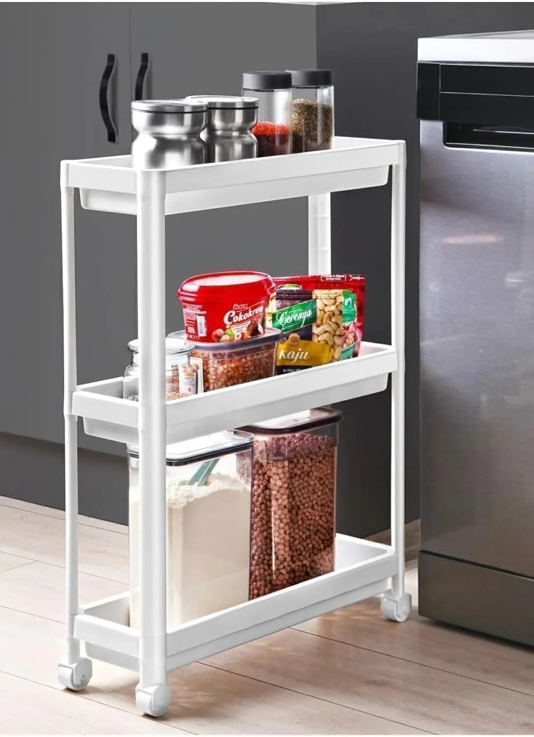 قفسه باریک 3 طبقه، کابینت حمام، پیشخوان آشپزخانه، دفتر و سبد چرخدار چند منظوره زیر سینک با چرخ های غلتکی، واحد ذخیره سازی (سفید)