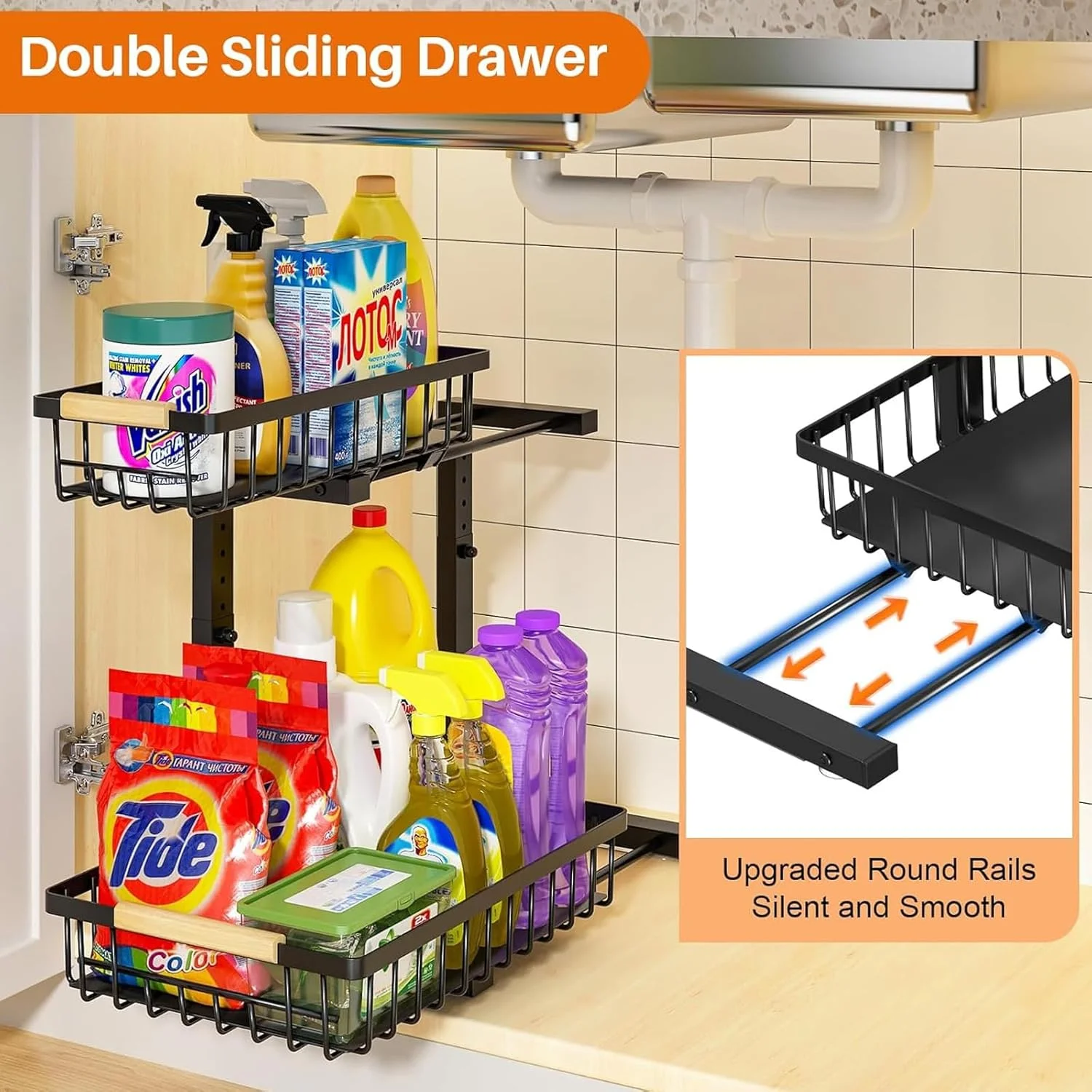 ارگانایزر زیر سینک، ارگانایزر و محل نگهداری زیر سینک با قابلیت تنظیم ارتفاع، کابینت کشویی دو طبقه برای آشپزخانه و حمام، 1 عدد