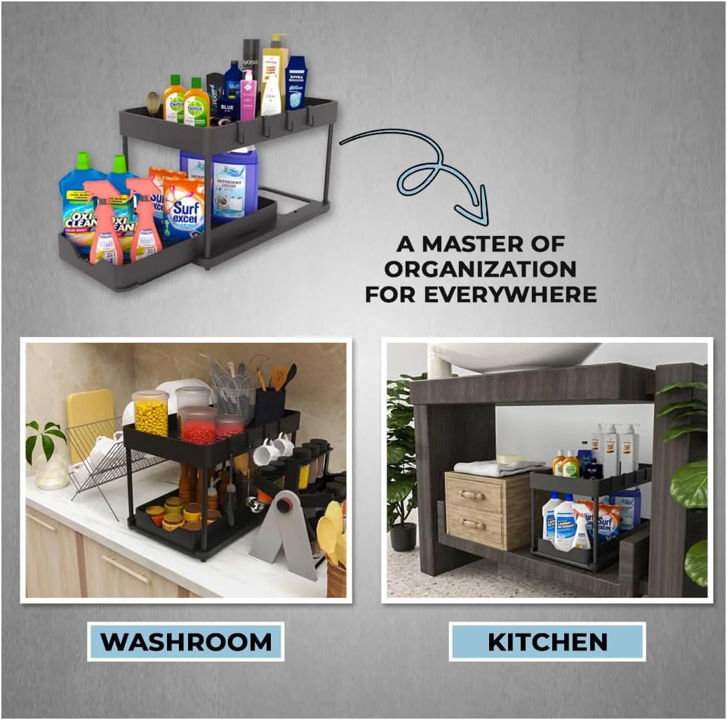 ارگانایزر زیر سینک Quunix، یک عدد│ ارگانایزر کابینت چند منظوره برای آشپزخانه و حمام│ قفسه کشویی دو طبقه صرفه جویی در فضا برای محل کار│ پایه ضد لغزش جمع و جور برای لباسشویی با 4 قلاب【مشکی】