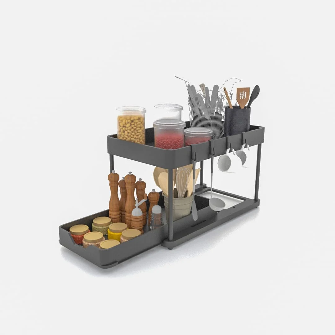 ارگانایزر زیر سینک Quunix، یک عدد│ ارگانایزر کابینت چند منظوره برای آشپزخانه و حمام│ قفسه کشویی دو طبقه صرفه جویی در فضا برای محل کار│ پایه ضد لغزش جمع و جور برای لباسشویی با 4 قلاب【مشکی】