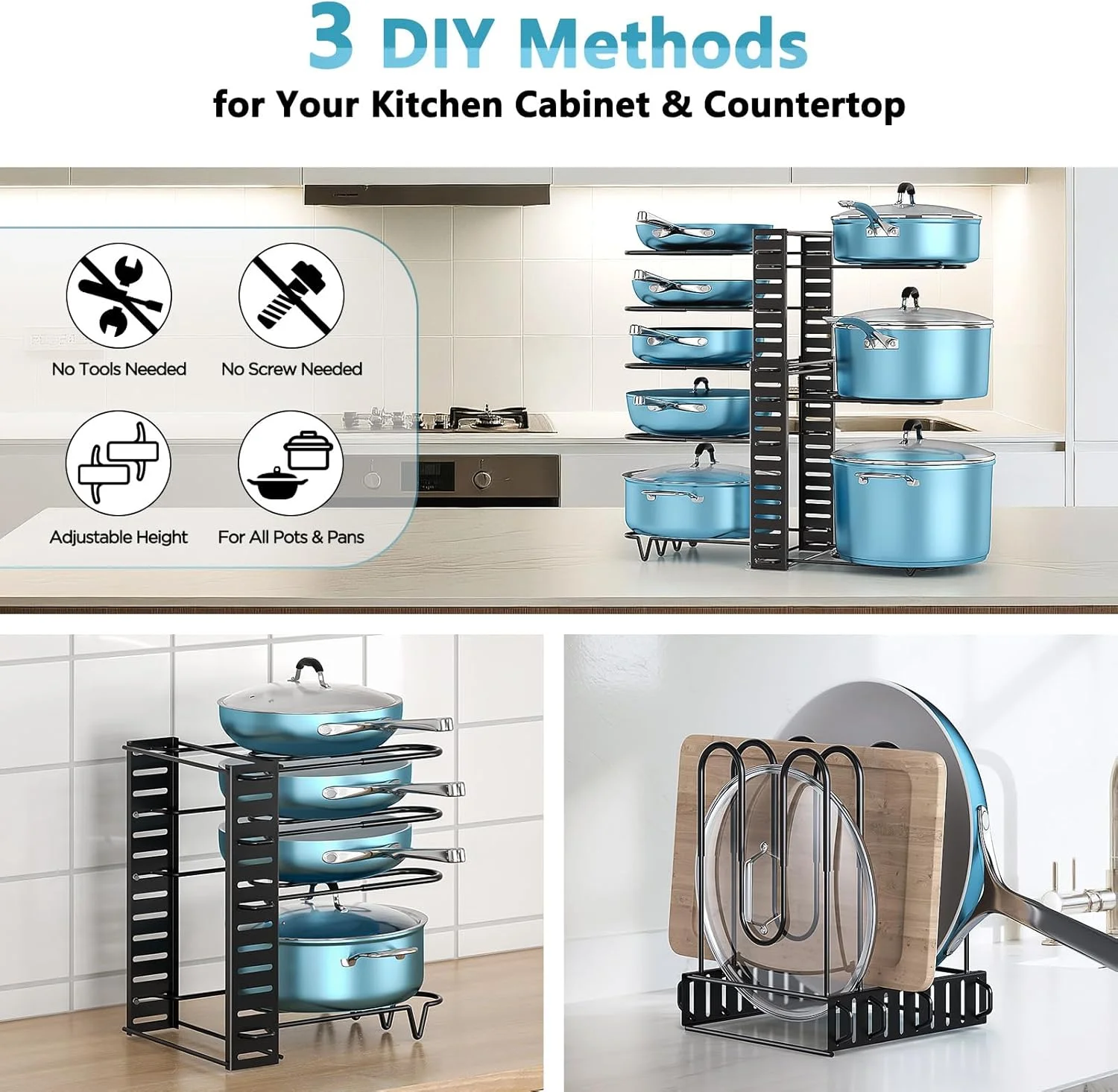 ارگانایزر قابلمه و تابه ORDORA، 8 طبقه با 3 روش DIY، قفسه قابل تنظیم برای کابینت، سازماندهی آشپزخانه، نگهداری و برای درب قابلمه