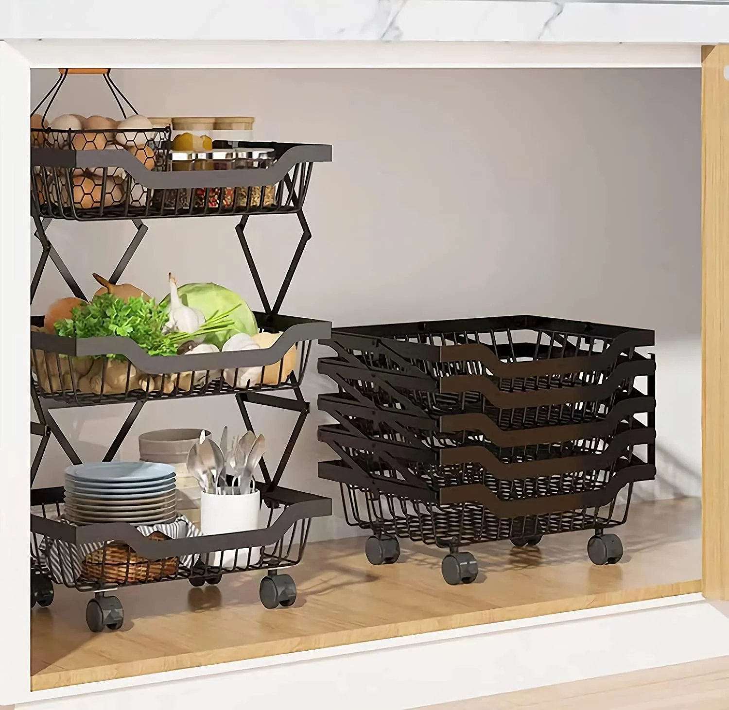 چرخ دستی ذخیره سازی خانگی سازمان یافته با سبدهای توری تهویه دار، چرخ دستی چرخ دار 5 طبقه با چرخ، قابل استفاده به عنوان چرخ دستی آشپزخانه، سبد میوه، سازمان دهنده لباسشویی، سازمان دهنده حمام (مشکی)