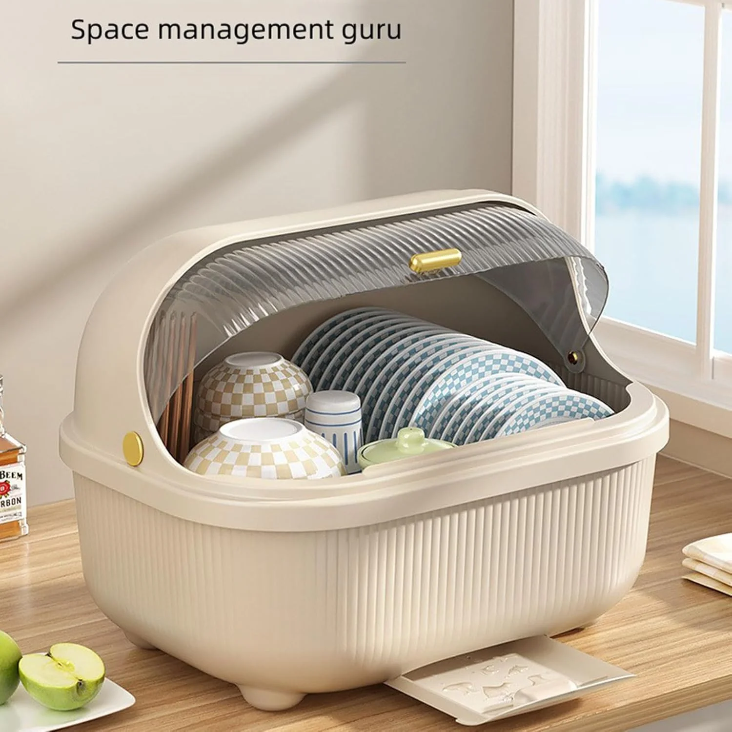 آبچکان ظرف نوگو، آبچکان بزرگ با درب پوششی و سینی تخلیه آب، جعبه نگهداری ظروف برای سازماندهی و صرفه جویی در فضای کابینت آشپزخانه