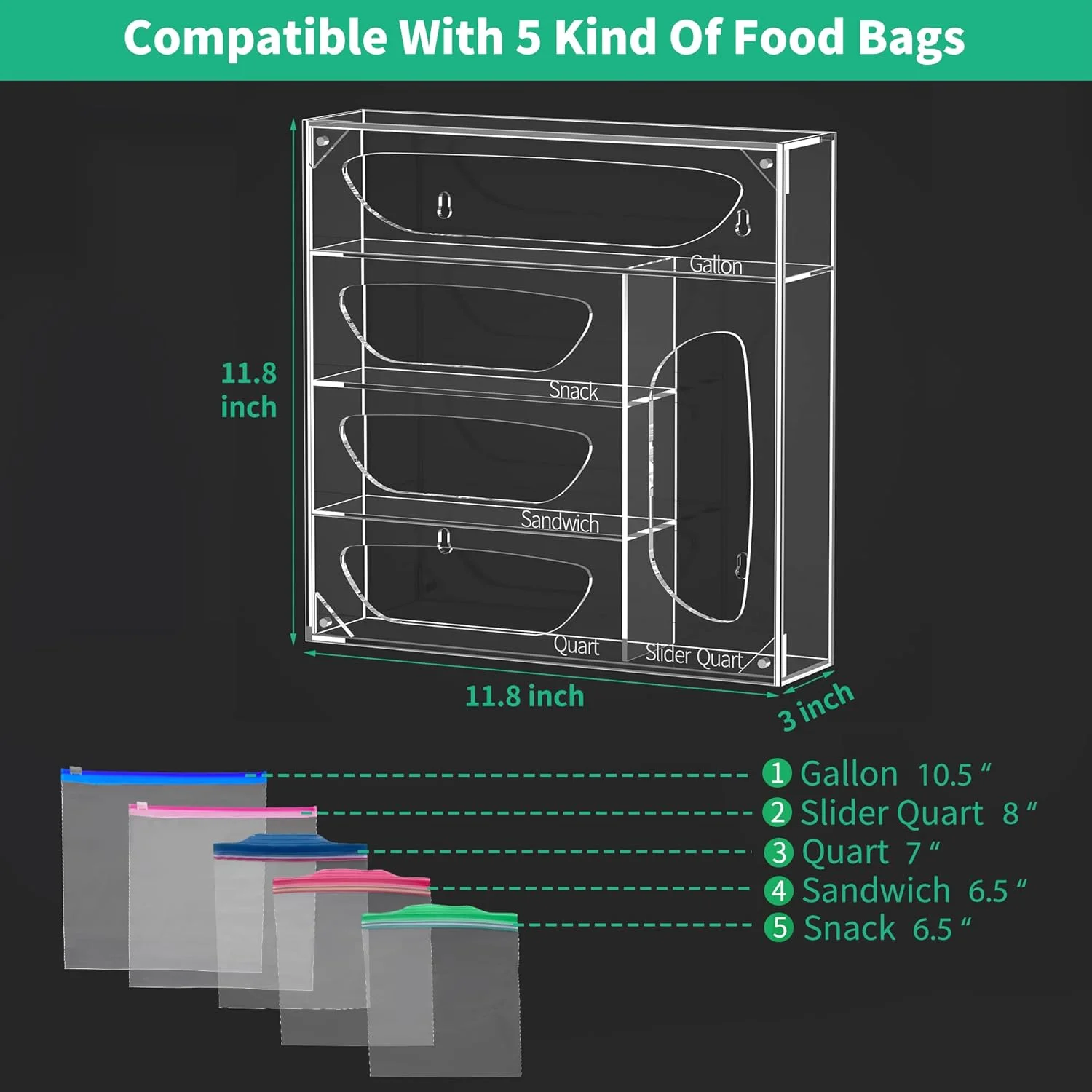 سازمان دهنده کیسه های مواد غذایی NPPLUS، سازمان دهنده کیسه اکریلیک، نگهدارنده پخش کننده کیسه فریزر پلاستیکی مواد غذایی، سازگار با کیسه های گالن، ساندویچ، اسنک و کوارت کشویی 5 اسلات، شفاف