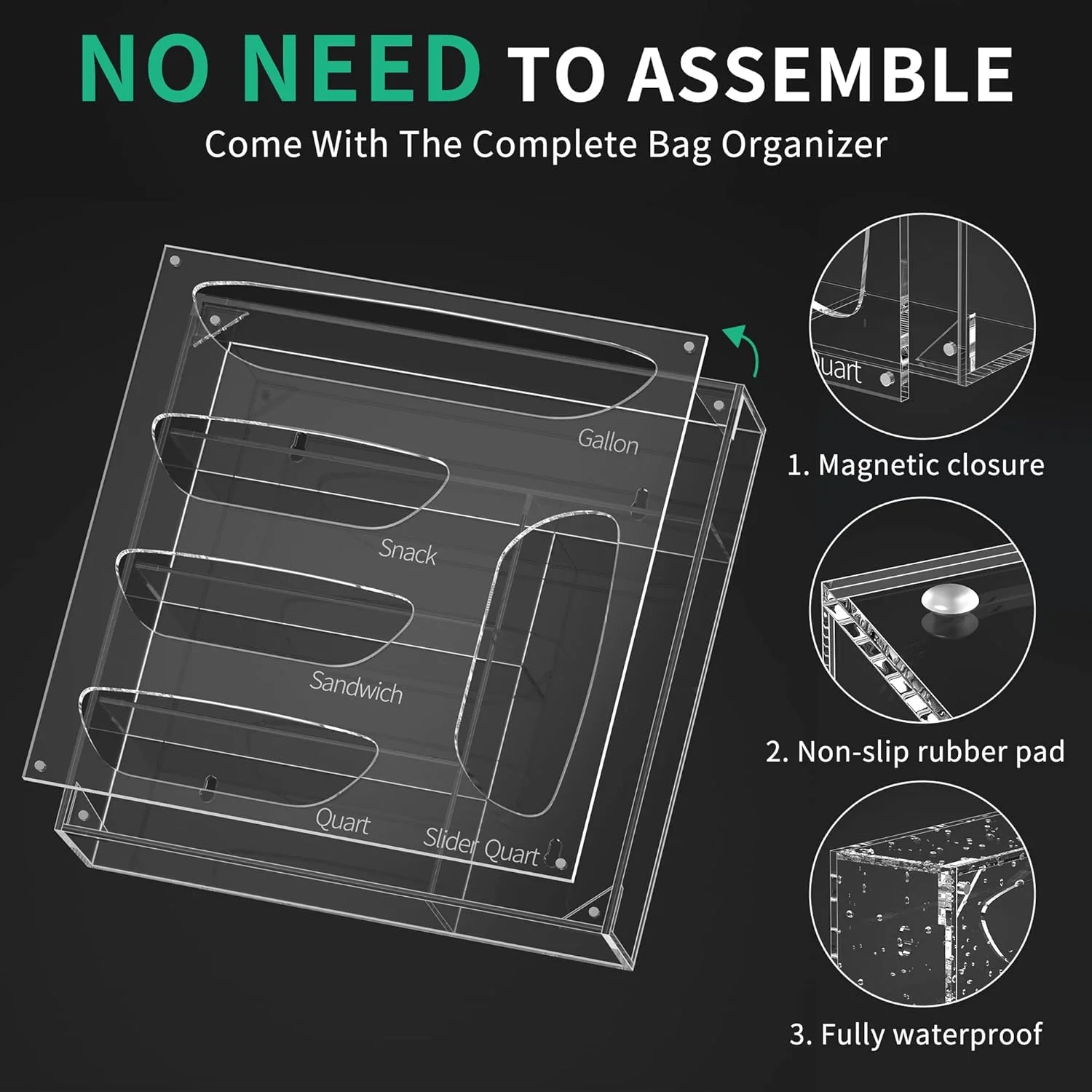 سازمان دهنده کیسه های مواد غذایی NPPLUS، سازمان دهنده کیسه اکریلیک، نگهدارنده پخش کننده کیسه فریزر پلاستیکی مواد غذایی، سازگار با کیسه های گالن، ساندویچ، اسنک و کوارت کشویی 5 اسلات، شفاف