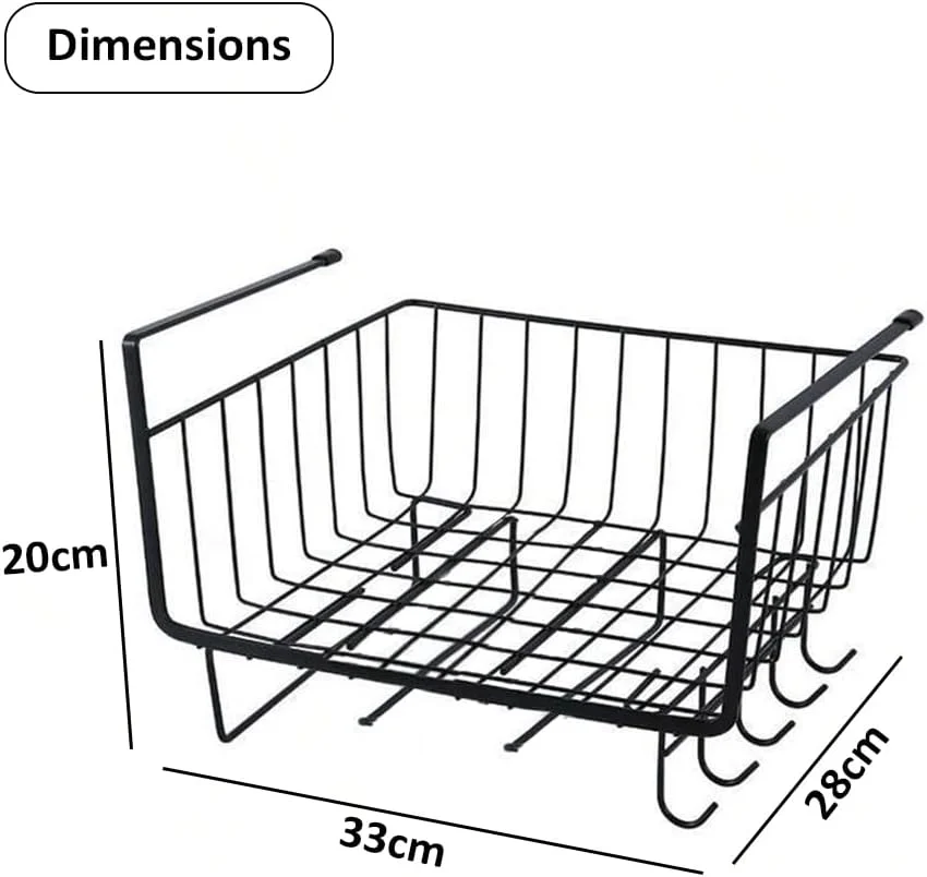 سبد زیر قفسه HEXAR®، سبد ذخیره سازی کابینت فلزی چند منظوره با 4 قلاب نگهدارنده حوله، سازمان دهنده سبد برای انبار آشپزخانه، 33x28x20 سانتی متر (مشکی)
