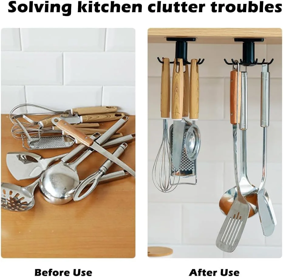 ست 4 عددی قلاب آویز زیر کابینتی آشپزخانه، آویز چسبی بدون نیاز به میخ با قابلیت چرخش 360 درجه، سازمان دهنده لوازم، حوله و ابزار با قابلیت صرفه جویی در فضا، بدون نیاز به سوراخ کاری، ست قلاب چند منظوره با استحکام بالا (مشکی)