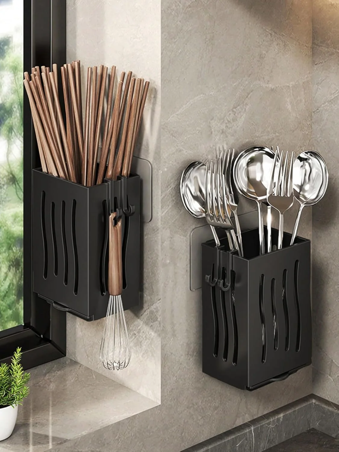 جا قاشقی چند منظوره - استند نگهداری وسایل آشپزخانه با سینی تخلیه، قابل نصب روی دیوار و ایستاده، سازمان دهنده قاشق و چنگال، جنس ABS ضخیم برای آشپزخانه (مشکی، 8.5x6.6x12.5 سانتی متر)