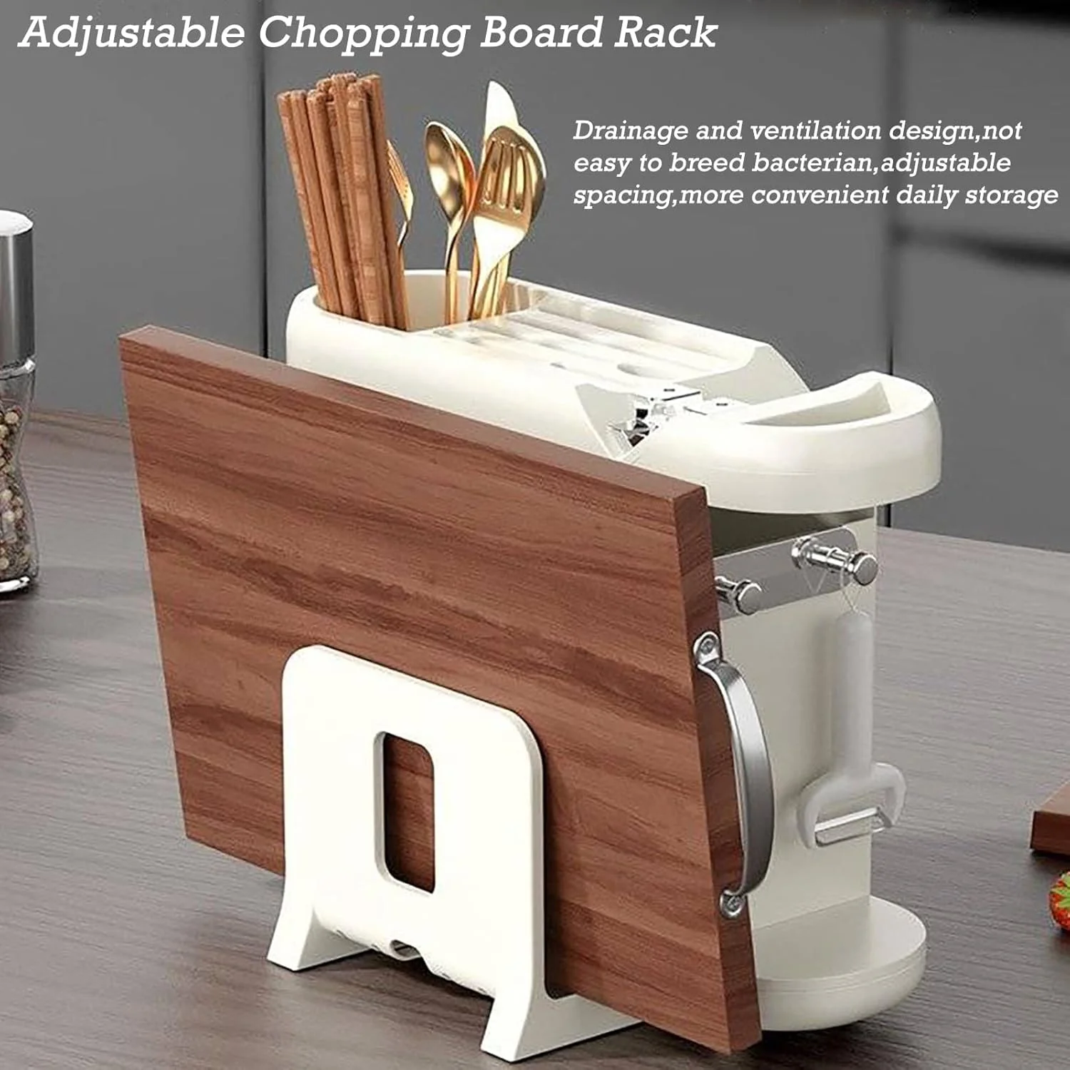 جا قاشقی چند منظوره، پایه تخته چاقو، جا چاقویی با تیزکن، قفسه نگهداری آشپزخانه برای تخته های برش، درب قابلمه، ظروف، سازمان دهنده نگهداری آشپزخانه (سفید)