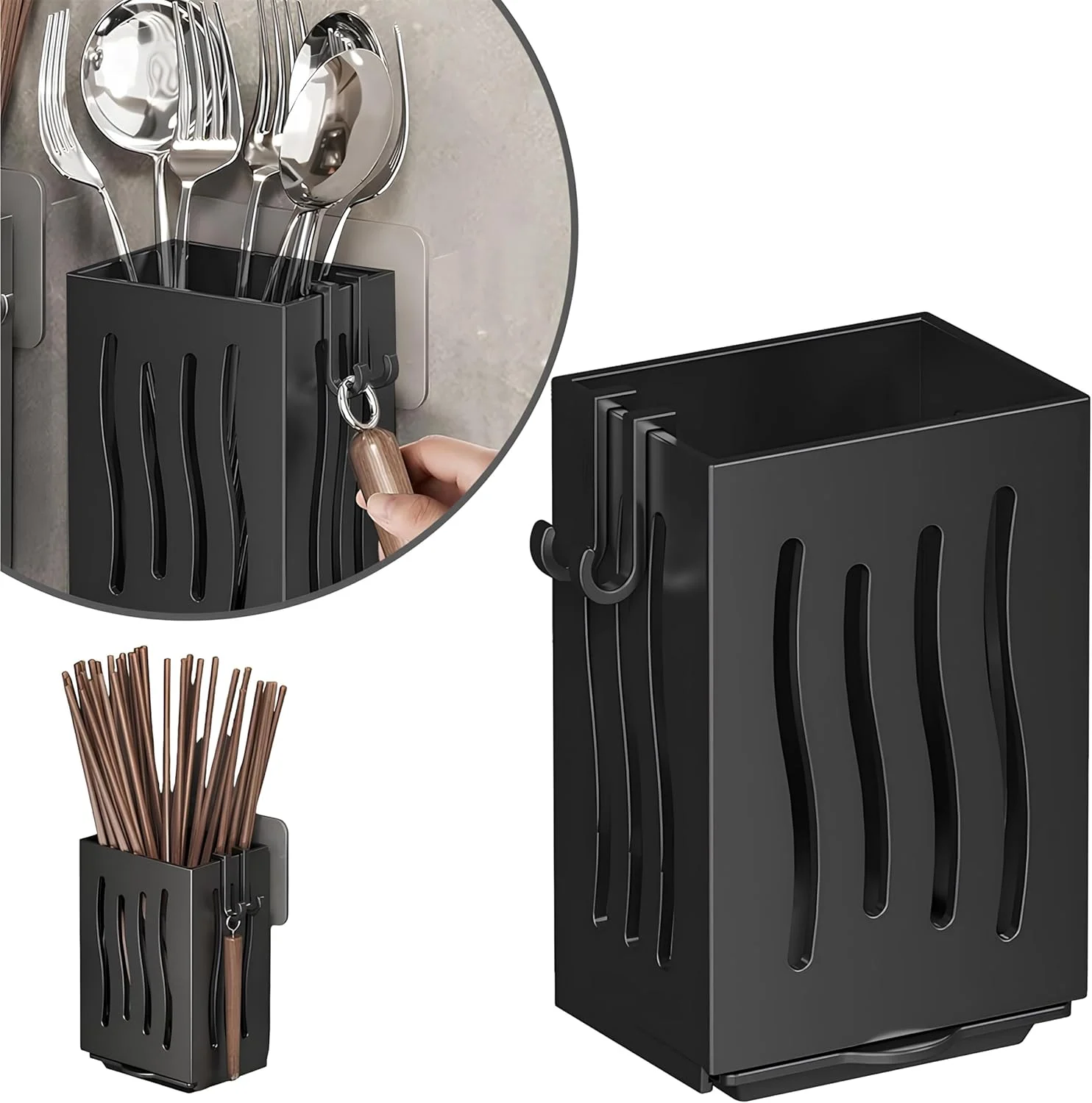 جا قاشقی چند منظوره - استند نگهداری وسایل آشپزخانه با سینی تخلیه، قابل نصب روی دیوار و ایستاده، سازمان دهنده قاشق و چنگال، جنس ABS ضخیم برای آشپزخانه (مشکی، 8.5x6.6x12.5 سانتی متر)
