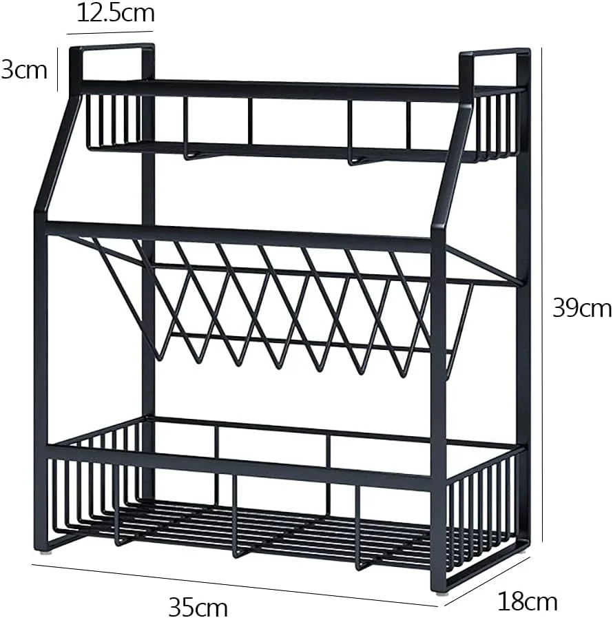 قفسه ادویه 3 طبقه MUMOO BEAR، قفسه فلزی نگهداری آشپزخانه با طبقات برای شیشه ادویه، قوطی سس، بطری روغن، سازمان دهنده چند لایه چاشنی روی میز آشپزخانه (مشکی)
